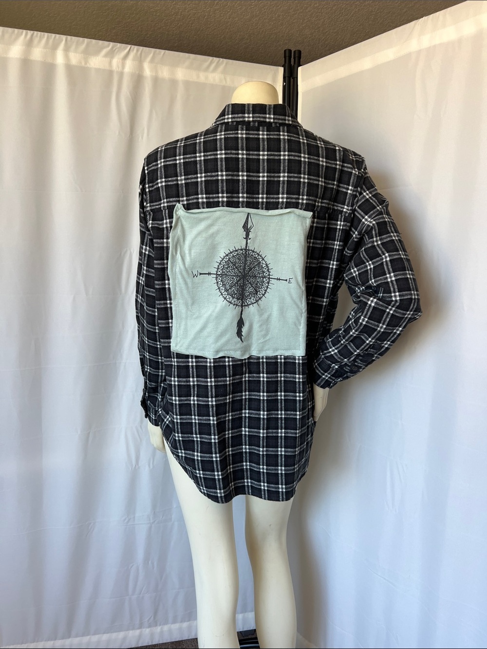Upcycled Black Plaid Flannel Shirt with Mint Compass Patch